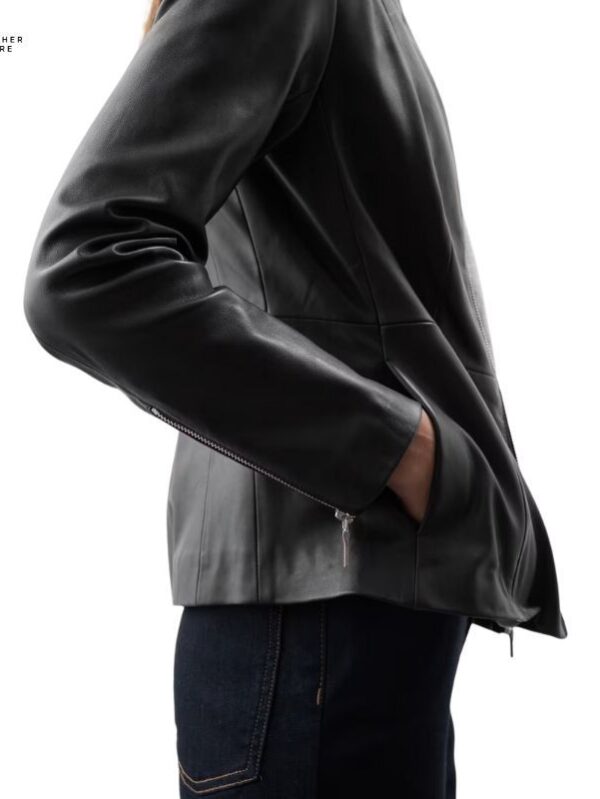 Trendy black leather bomber jacket for women