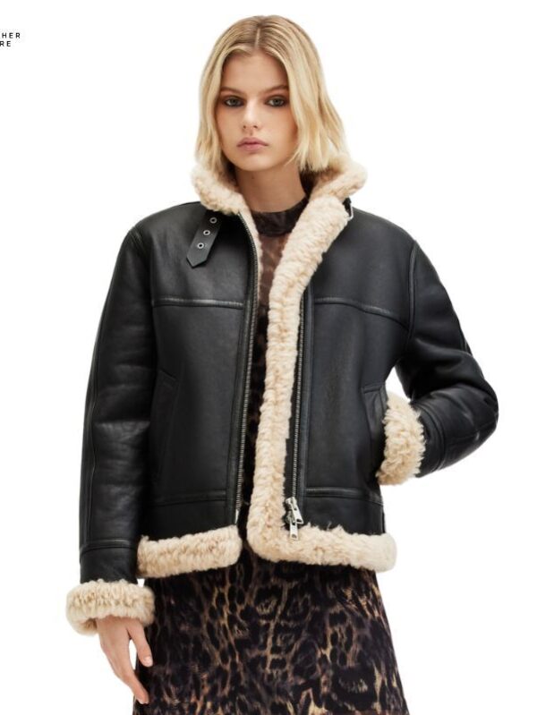 Women Black Luxe Leather Jacket with Shearling Details