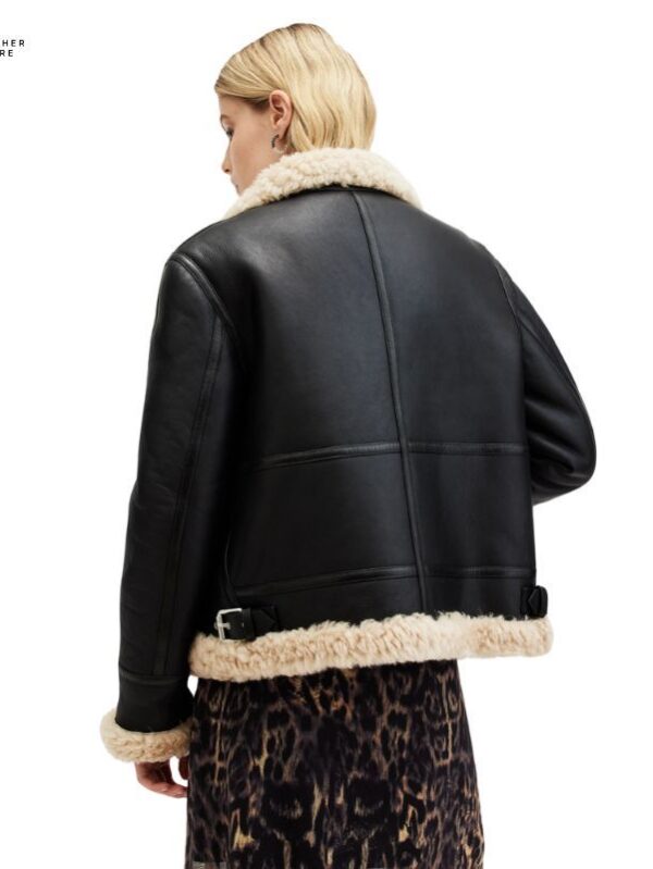 Women Luxe Black Shearling Trim Leather Jacket